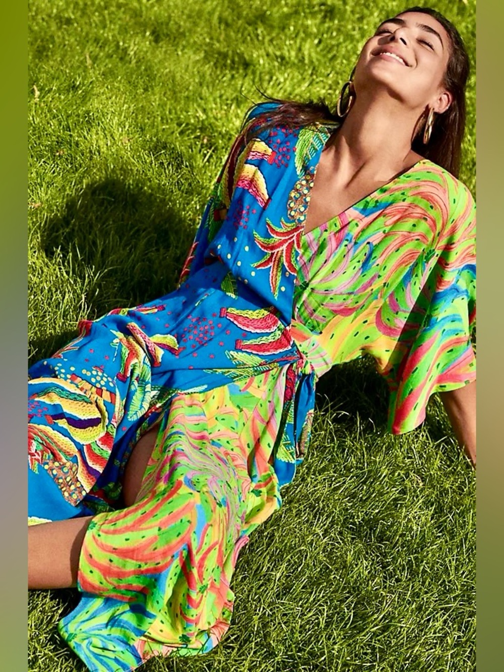 FARM RIO Multi Color Banana Tropical Short Sleeve N Neck Tahiti Wrap Maxi Dress